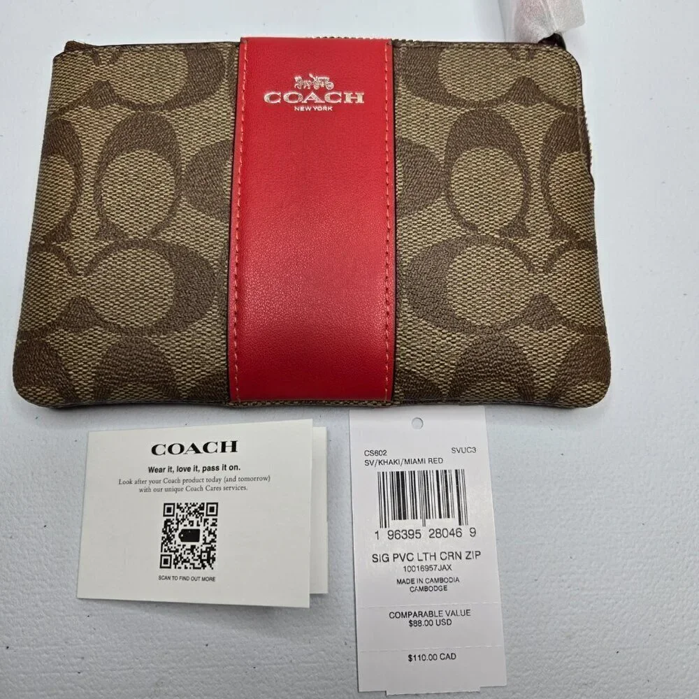 Coach Zip Wristlet In Signature Canvas Silver Khaki Miami Red